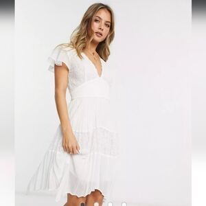 French Connection lace pleated hankerchief hem mini dress